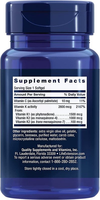 Blue Life Extension Super K bottle back with Supplement Facts panel