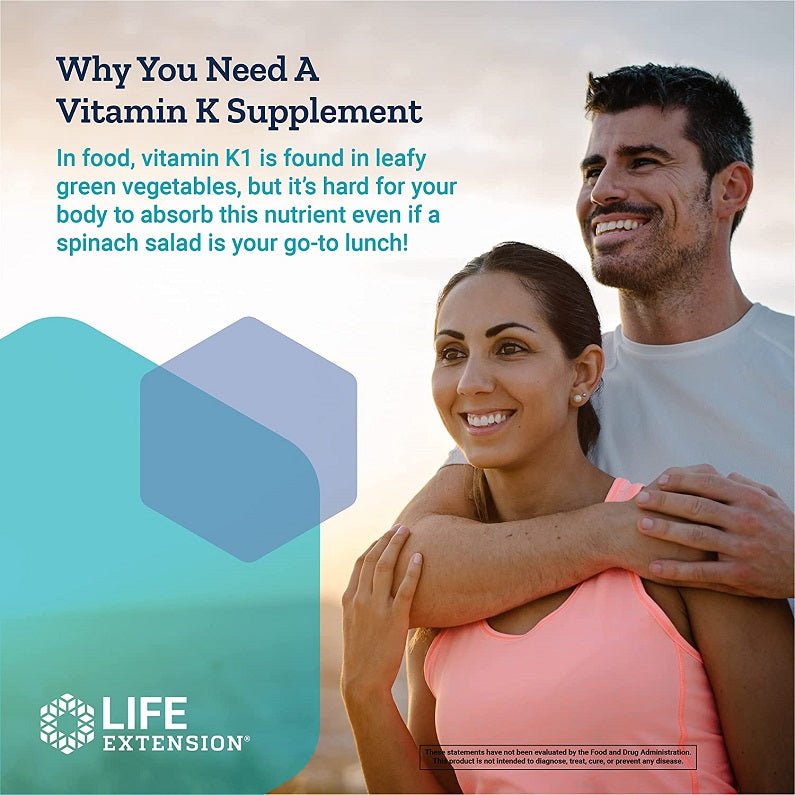 Life Extension Super K marketing graphic: vitamin K supplement info with smiling couple