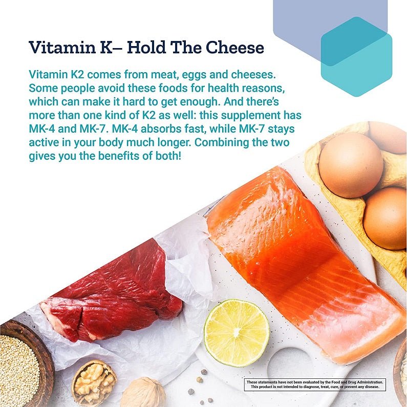 Life Extension Super K marketing graphic with salmon, eggs, lemon, and vitamin K text
