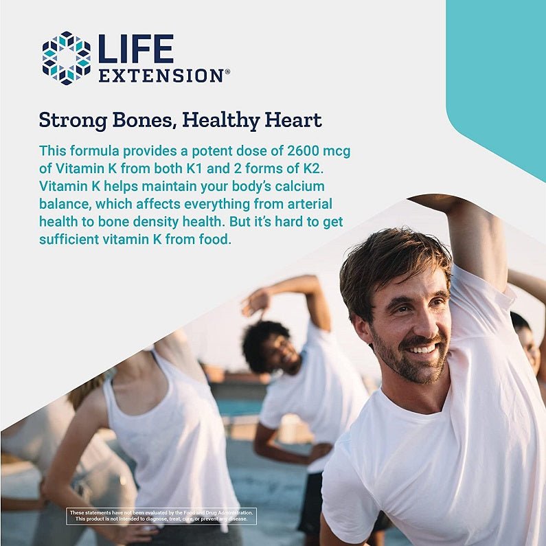 Life Extension Super K marketing graphic: Strong Bones, Healthy Heart text