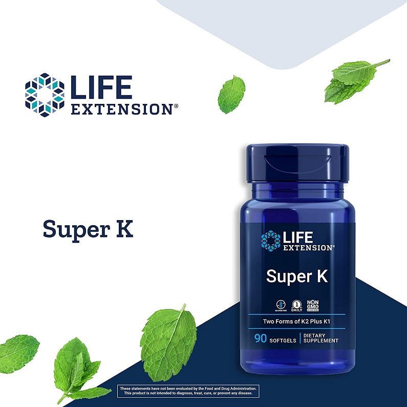 Life Extension Super K supplement bottle with green leaves, promotional layout
