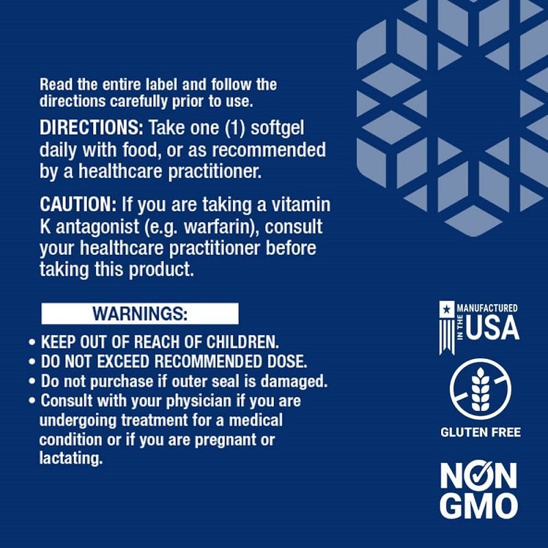 Life Extension Super K label with directions and warnings, gluten free and non-GMO