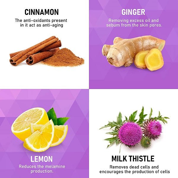 Ingredient highlights: cinnamon, ginger, lemon, milk thistle for skin whitening supplement