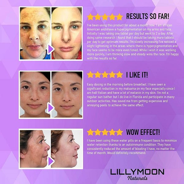 Skin whitening glutathione supplement before-and-after face results with rating stars