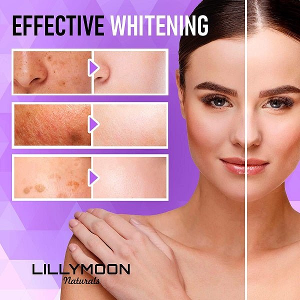 Skin whitening glutathione supplement with close-up face and highlighted skin areas