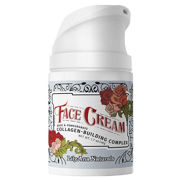 White face cream bottle with floral label, LilyAna Naturals