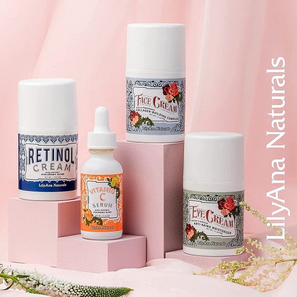 Skincare bottles set with LilyAna Naturals face cream jars and vitamin C serum bottle