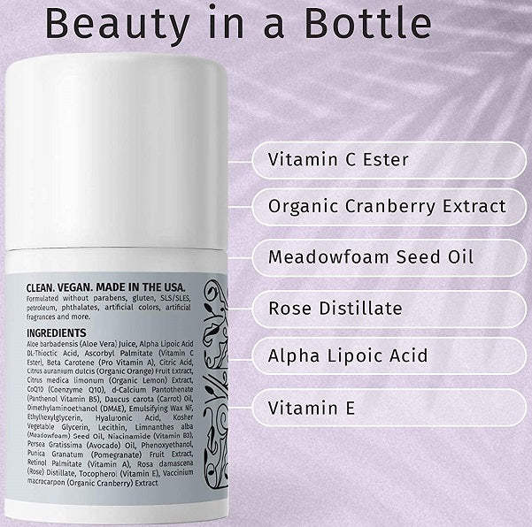 White cosmetic bottle back label with ingredient highlights, LilyAna Naturals