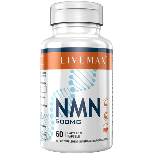 LIVEMAX NMN 500mg supplement bottle with 60 capsules front label