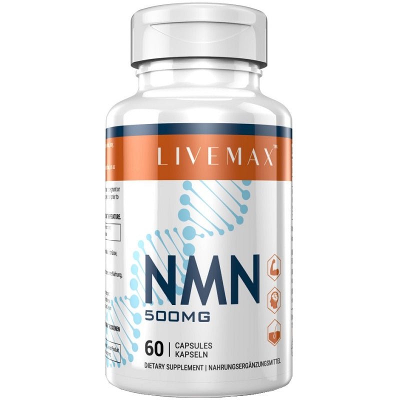 LIVEMAX NMN 500mg supplement bottle with 60 capsules front label