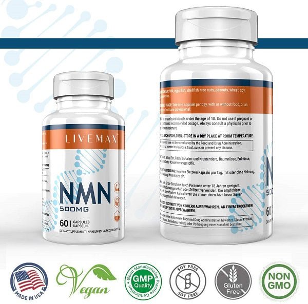 LIVEMAX NMN 500mg supplement bottles showing front and back labels