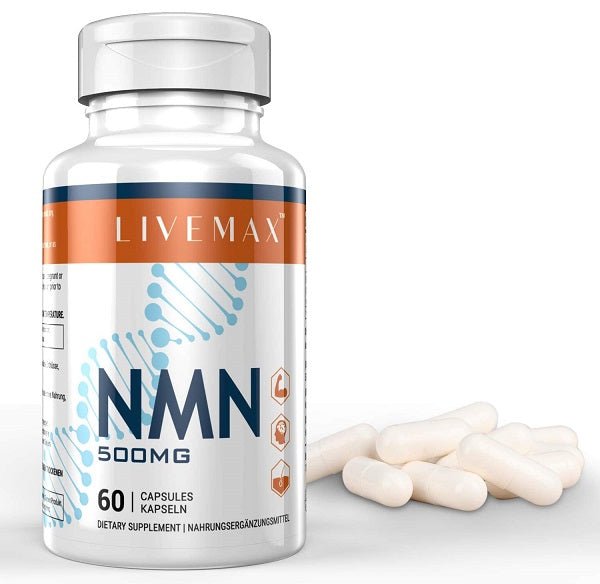 LIVEMAX NMN 500mg supplement bottle with 60 capsules label