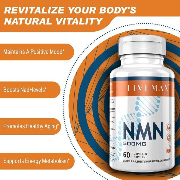 LIVEMAX NMN 500mg bottle with loose capsules, Revitalize label