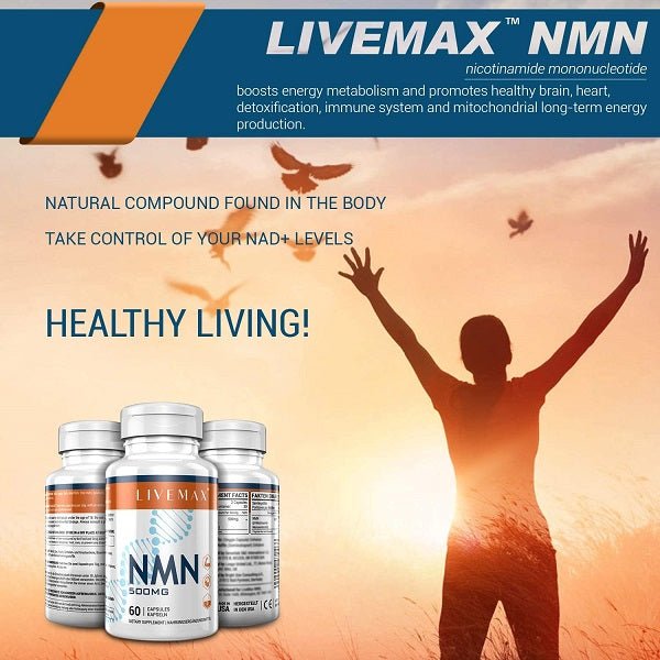 LIVEMAX NMN 500mg supplement bottles on a healthy living graphic