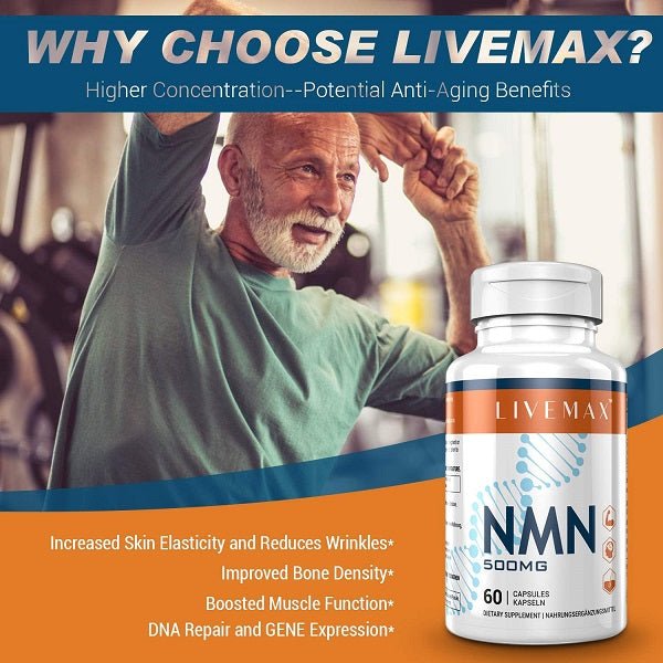 LIVEMAX NMN 500mg supplement bottle with Why Choose LiveMax banner