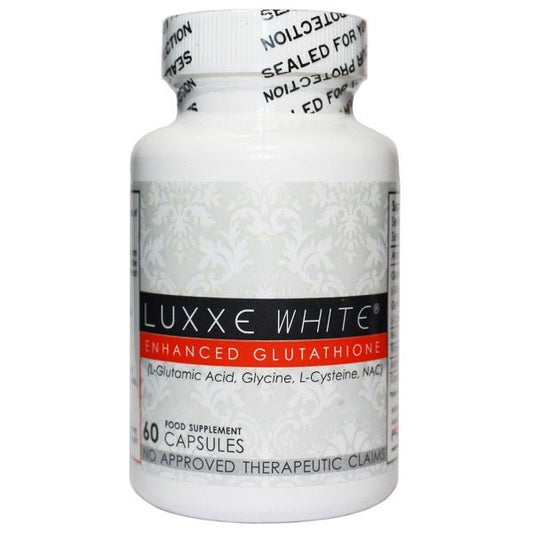 White supplement bottle with Luxxe White Enhanced Glutathione label and 60 capsules