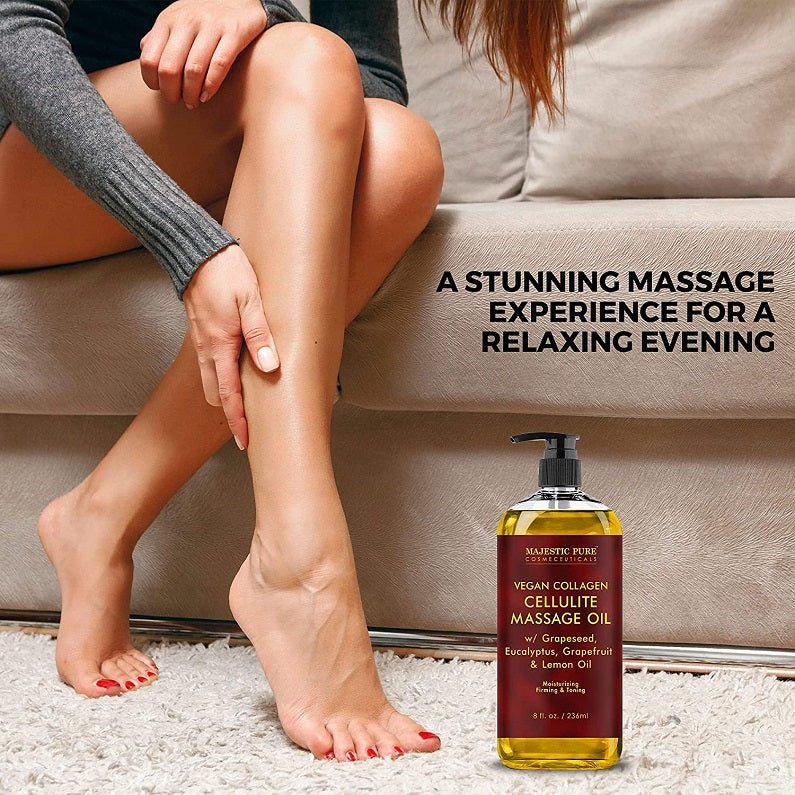 Amber cellulite massage oil bottle with black pump beside resting legs