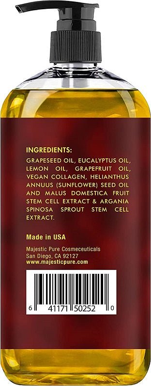 Amber oil bottle with black pump, ingredients panel with barcode label