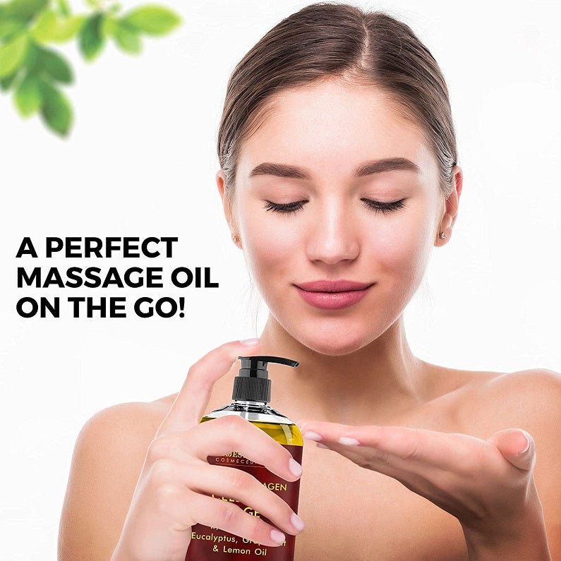 Woman holding amber vegan collagen cellulite massage oil bottle with black pump