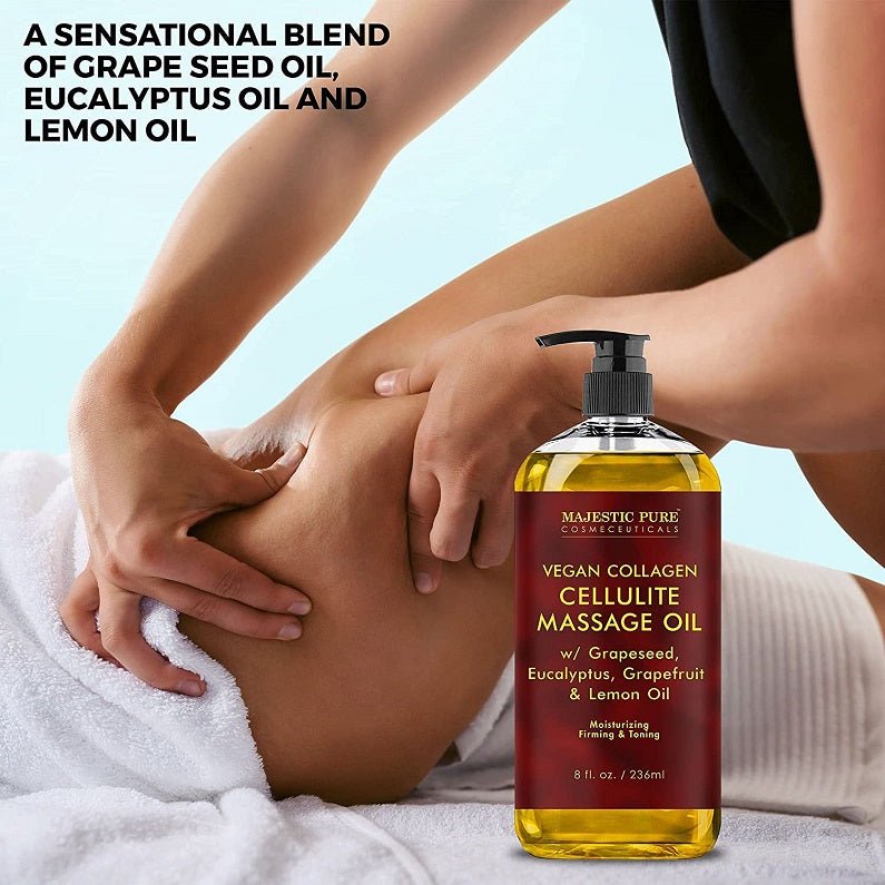 Massage oil being applied on legs with amber bottle and black pump, vegan collagen label