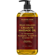 Amber cellulite massage oil bottle with black pump, vegan collagen label, 8 fl oz
