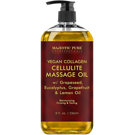 Amber cellulite massage oil bottle with black pump, vegan collagen label, 8 fl oz