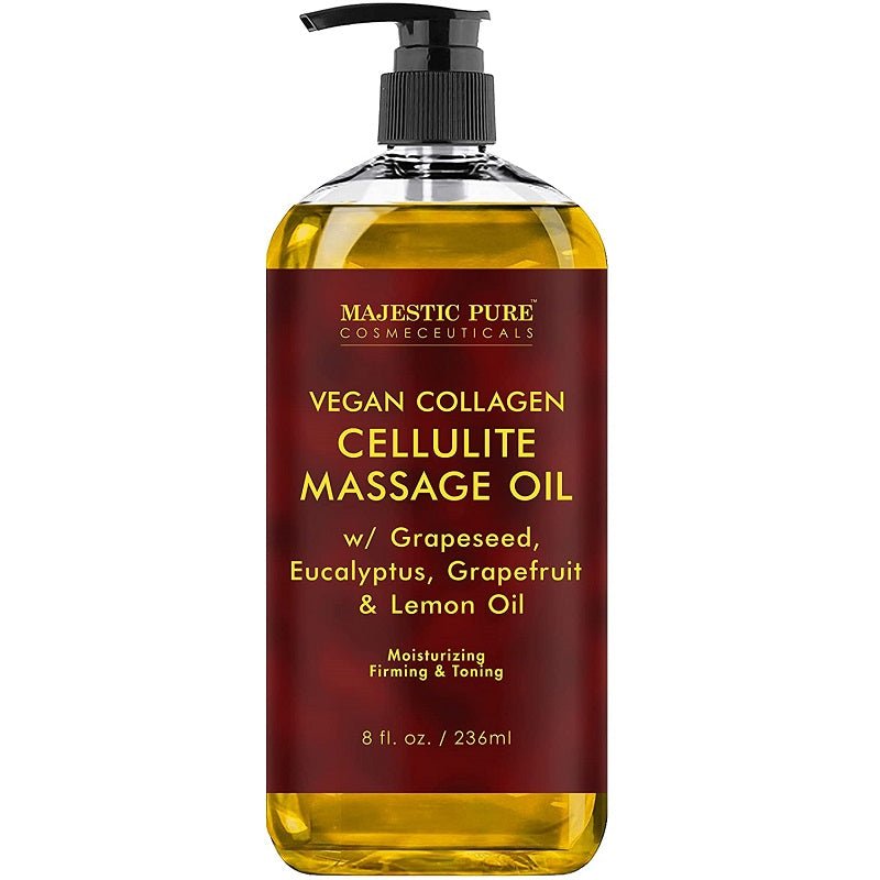 Amber cellulite massage oil bottle with black pump, vegan collagen label, 8 fl oz