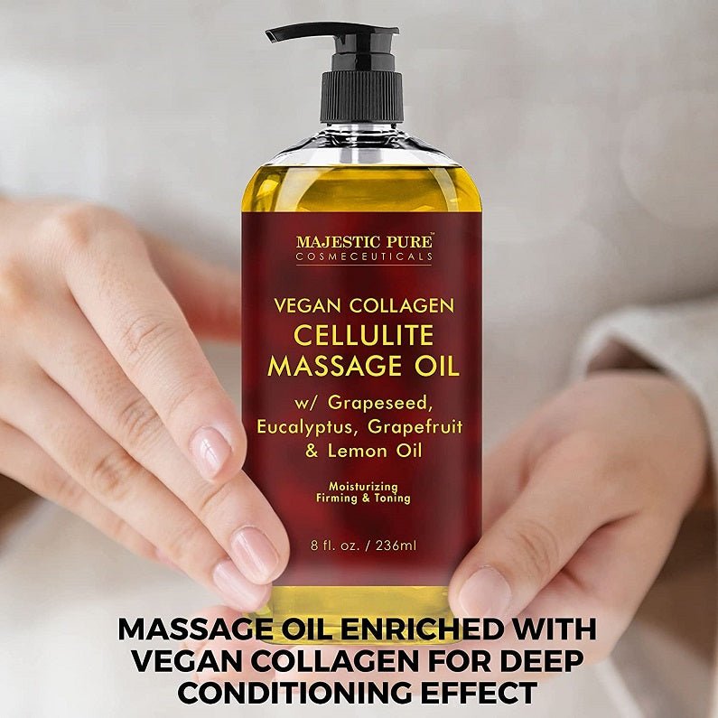 Amber vegan collagen cellulite massage oil bottle with black pump held by hands