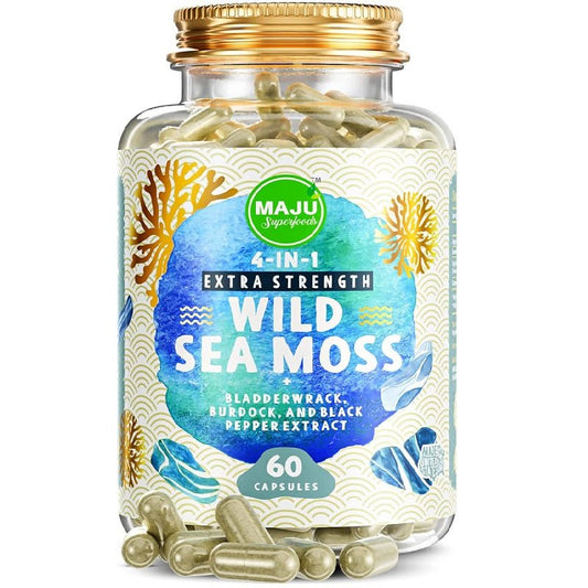 MAJU 4-in-1 Wild Sea Moss capsules bottle with gold cap and visible softgels
