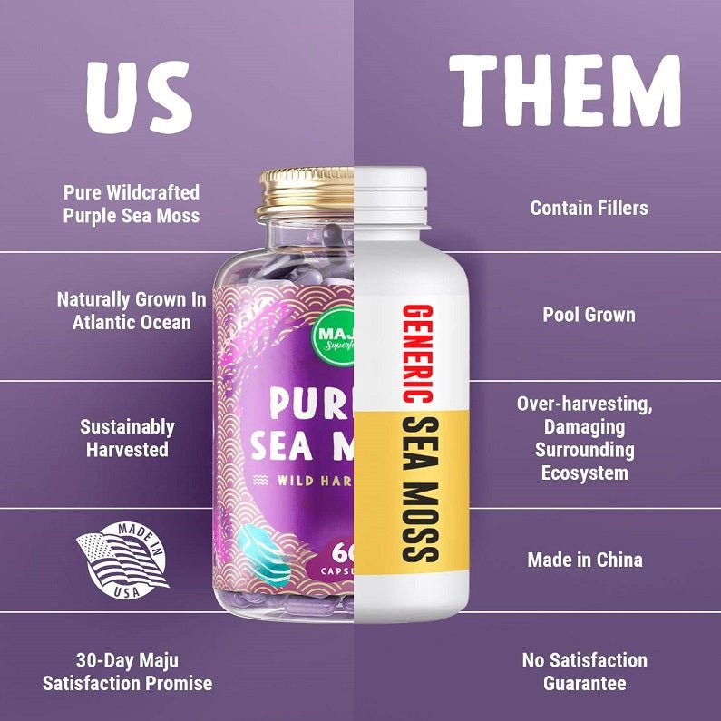 MAJU Purple Sea Moss capsules bottle with wild harvested and ingredient info panel