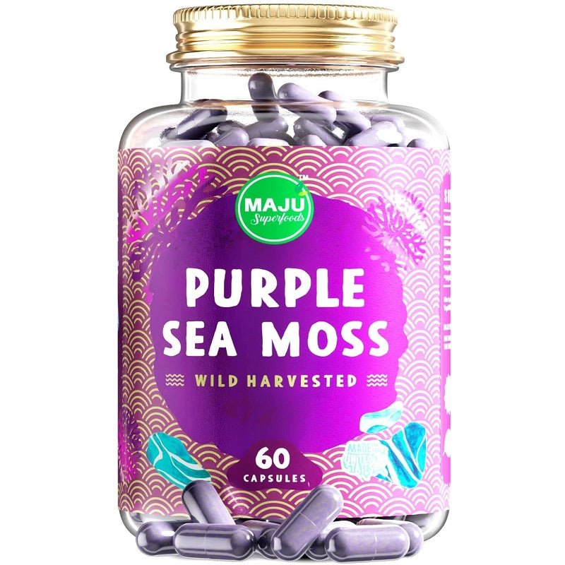 MAJU Purple Sea Moss capsules bottle with purple label and 60 capsules