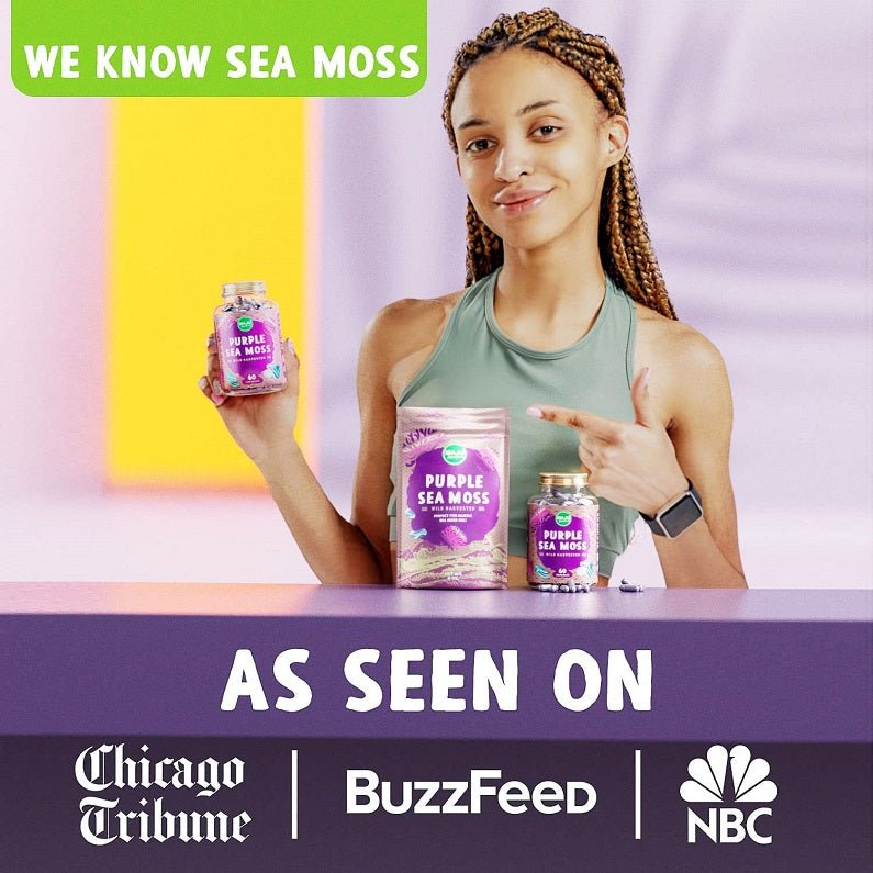 MAJU Purple Sea Moss capsules bottle on table beside purple-labeled jar, woman holding