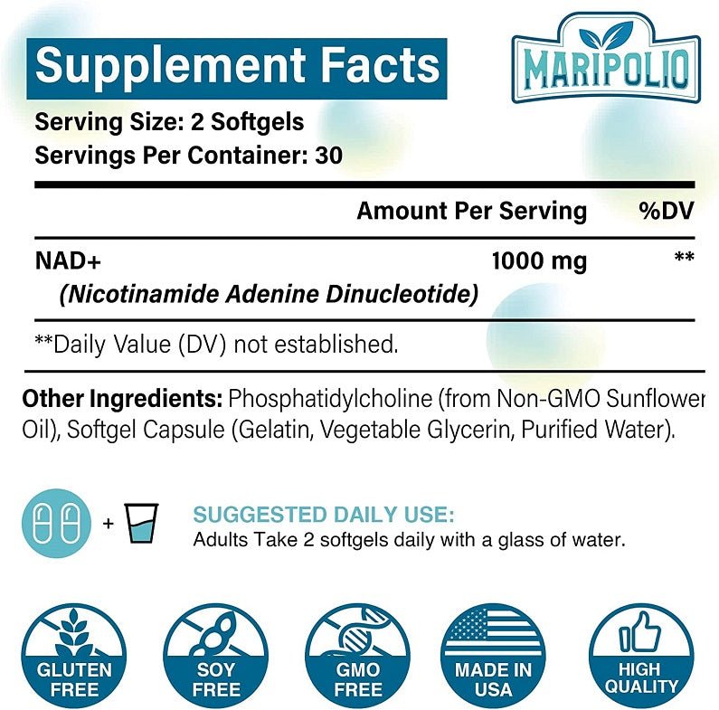 Supplement facts panel showing NAD+ 1000 mg per serving, 2 softgels