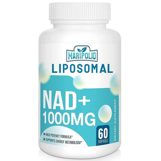White supplement bottle labeled Liposomal NAD+ 1000mg, 60 softgels