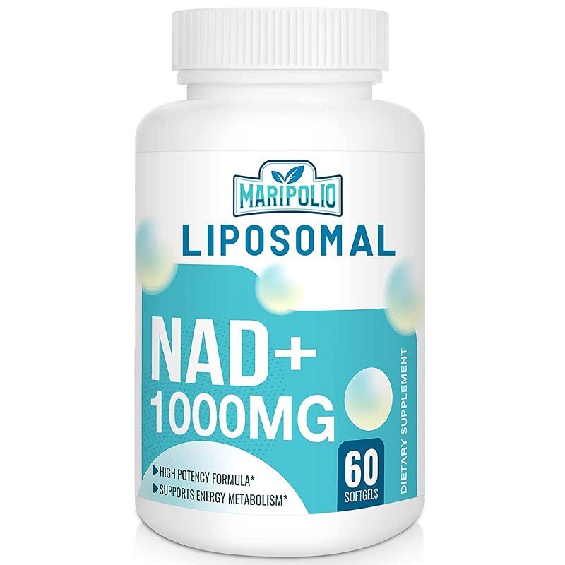 White supplement bottle labeled Liposomal NAD+ 1000mg, 60 softgels