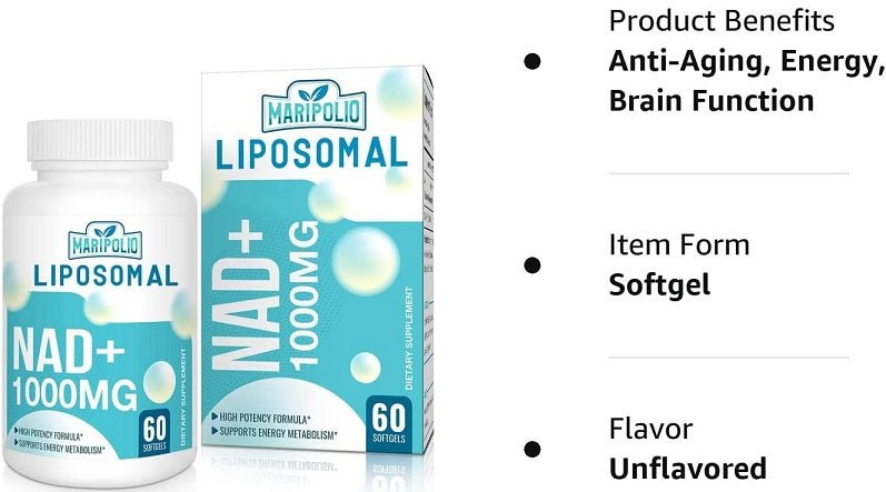 Liposomal NAD+ 1000mg bottle with box showing softgel and unflavored benefits