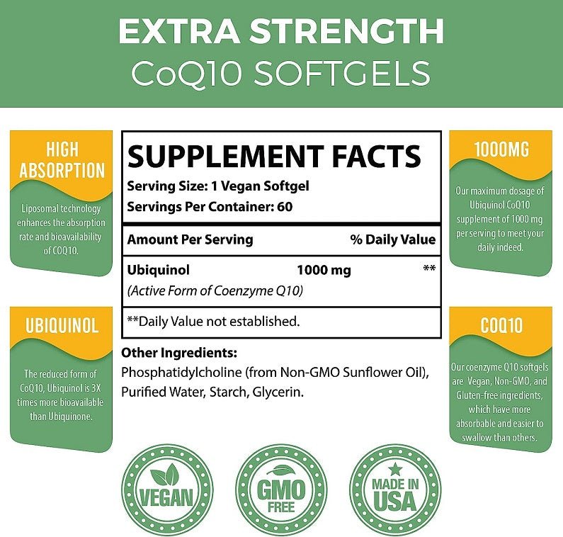 Supplement facts label for CoQ10 ubiquinol 1000 mg, 1 vegan softgel serving