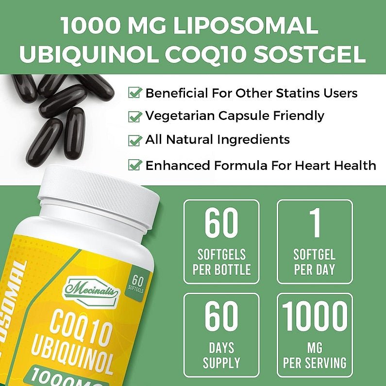 Ubiquinol CoQ10 1000 mg bottle with 60 softgels, 1 per day, 1000 mg per serving