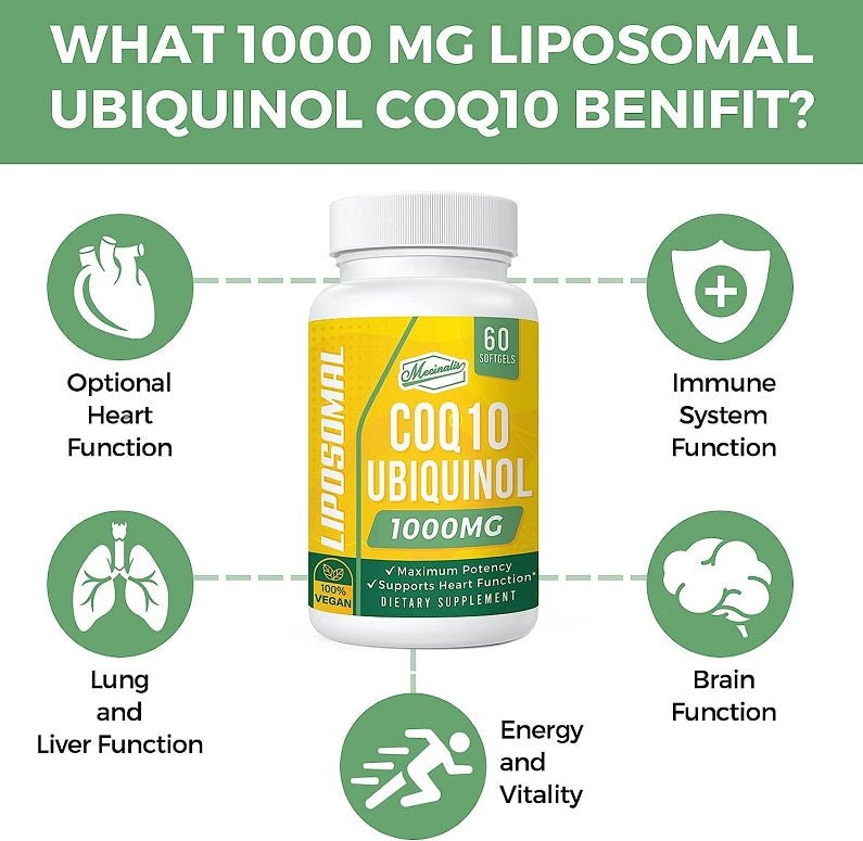 Liposomal ubiquinol CoQ10 1000 mg benefit infographic for heart, immune, brain, energy