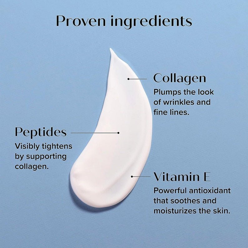 Collagen and peptides cream ingredients illustration with vitamin E droplet graphic