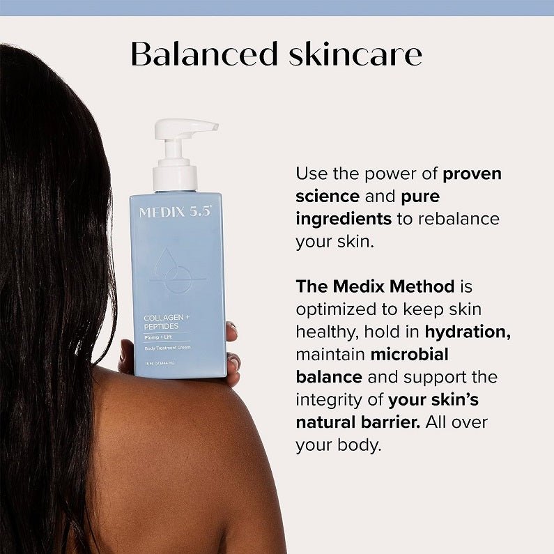 Medix 5.5 body cream bottle with pump next to balanced skincare infographic