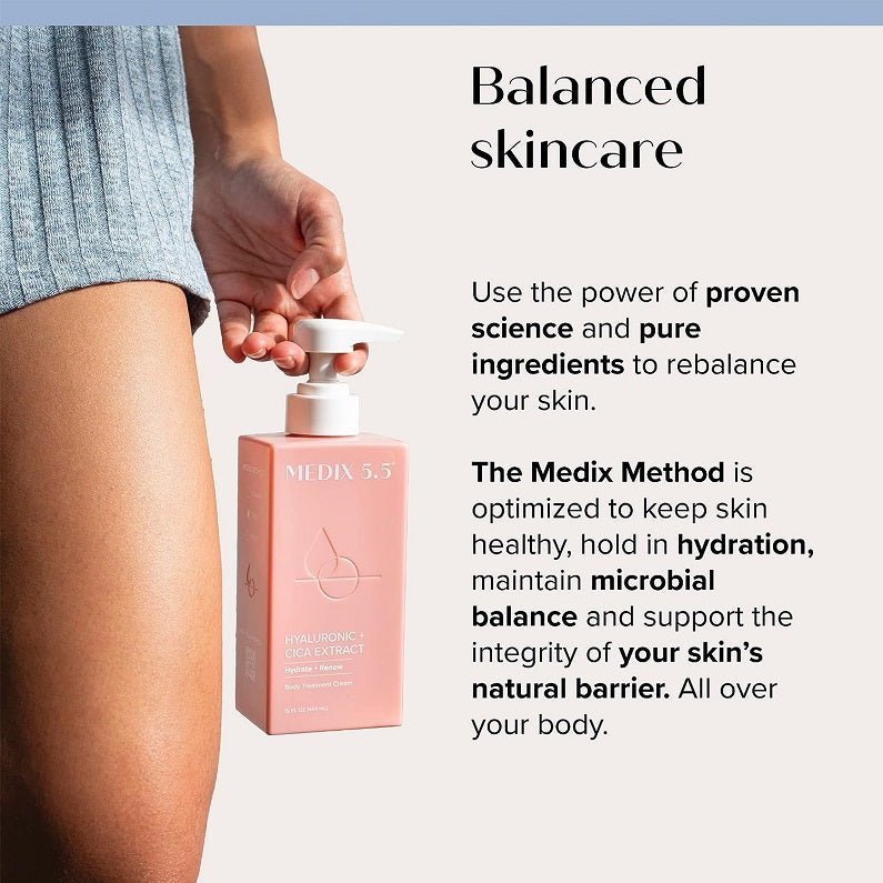 Body cream pump bottle used while applying cream to bare skin