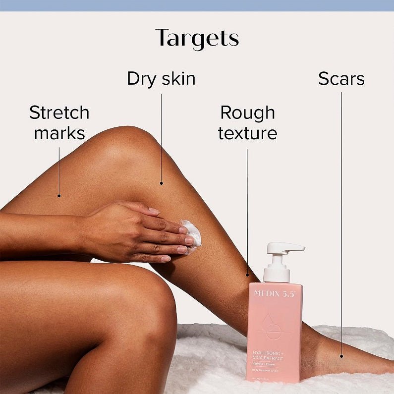 Body cream pump bottle beside hand and forearm, pink bottle