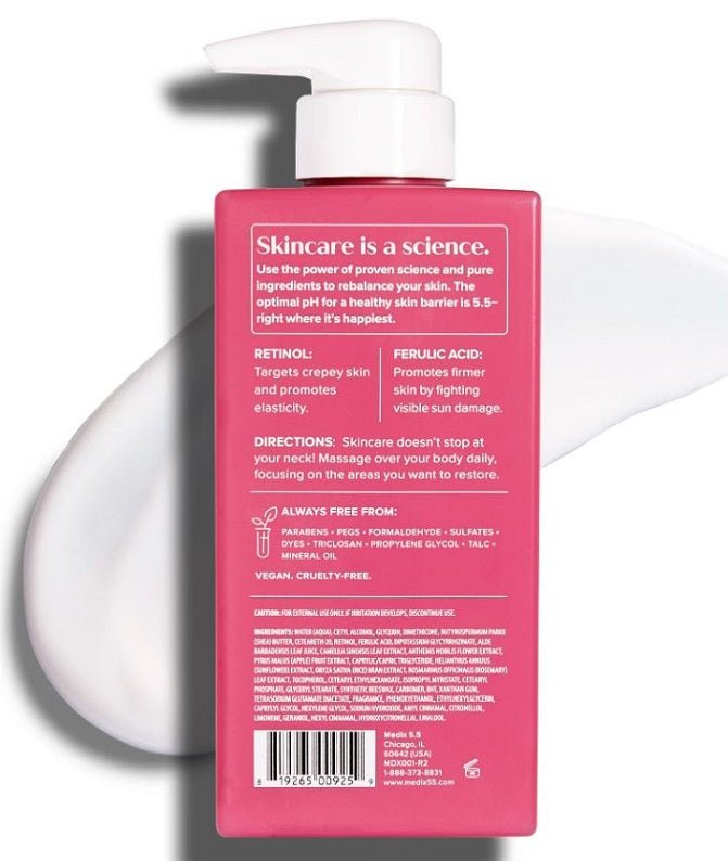 Body cream back label with directions and ingredient-free 'always free from' list.