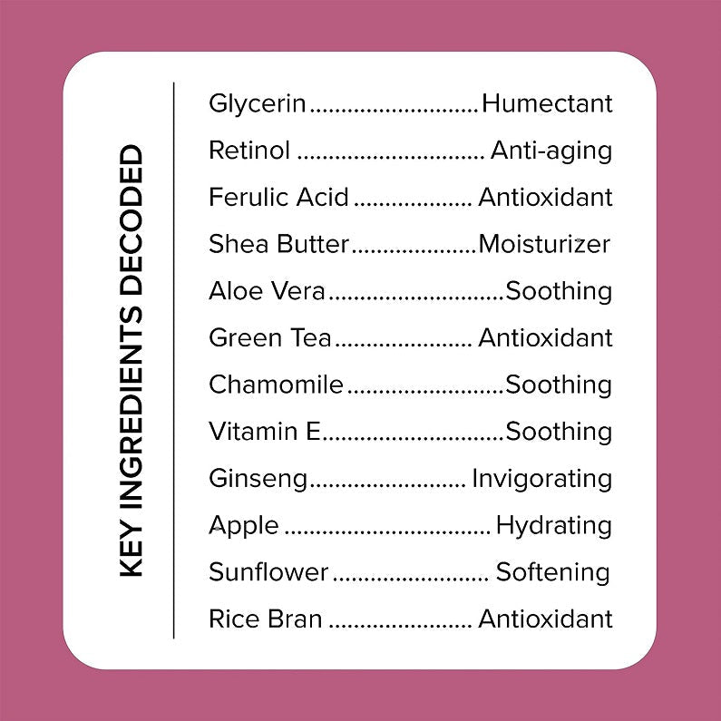 Body cream ingredient panel with retinol and ferulic acid, plus shea butter and aloe vera.