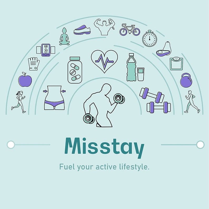 Misstay lifestyle product panel with workout icons and daily fuel message