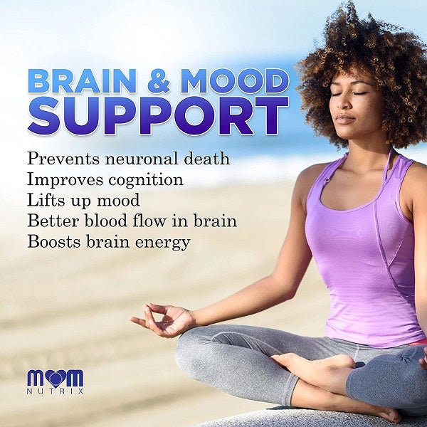 MOM Nutrix brain & mood support supplement promotional image with meditating woman