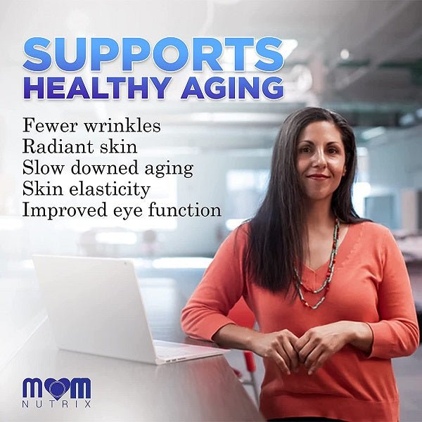 MOM Nutrix healthy aging supplement promotional image with logo and smiling woman