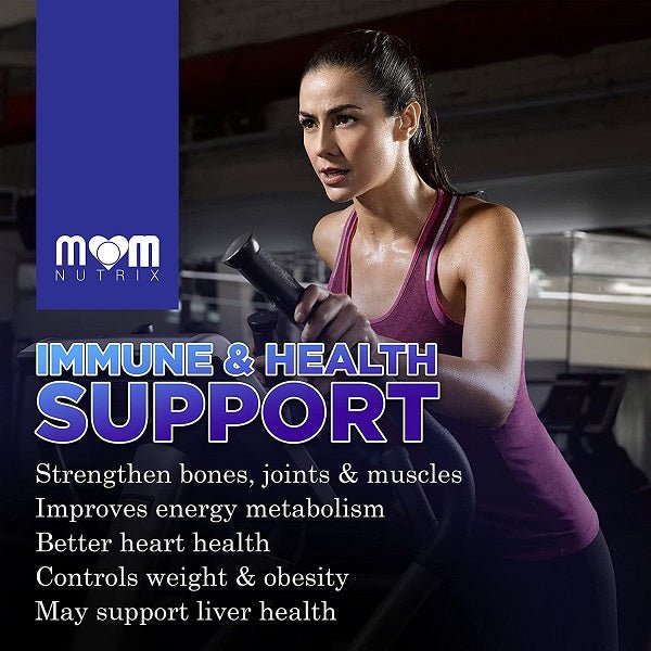 MOM Nutrix immune & health support supplement promotional image with woman holding bottle
