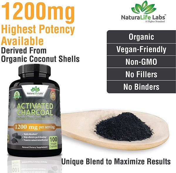 Activated charcoal supplement bottle with 1200mg and spoon of dark charcoal powder
